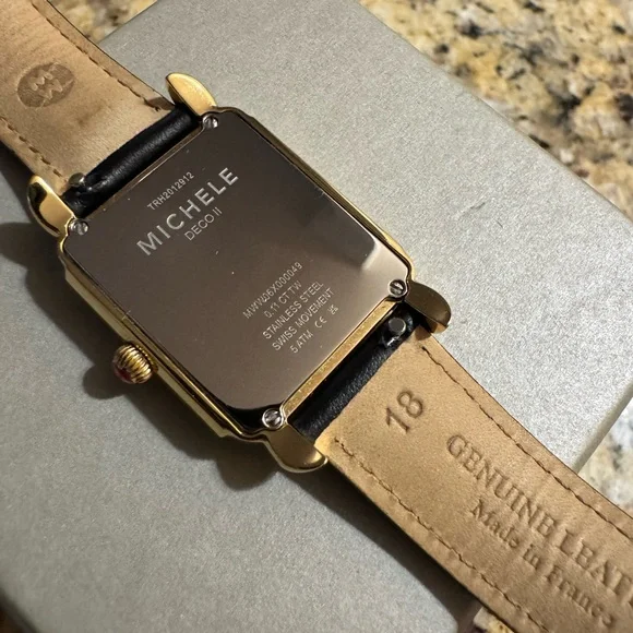 MICHELE Deco II Mother of Pearl Diamond 18K Gold Plated Leather Band Watch - Picture 12 of 15